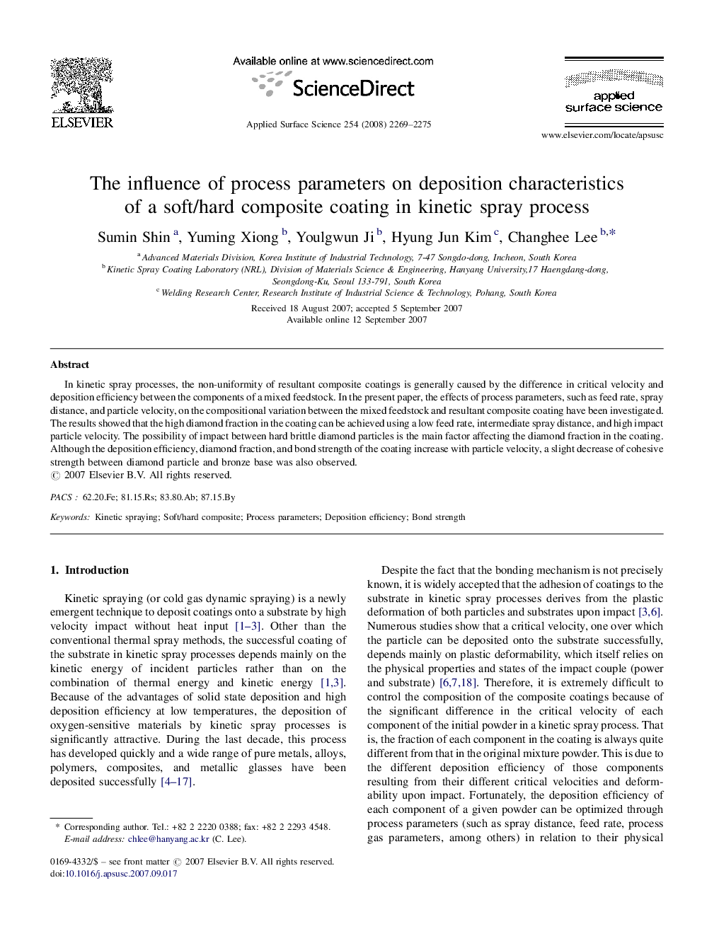 The influence of process parameters on deposition characteristics of a soft/hard composite coating in kinetic spray process