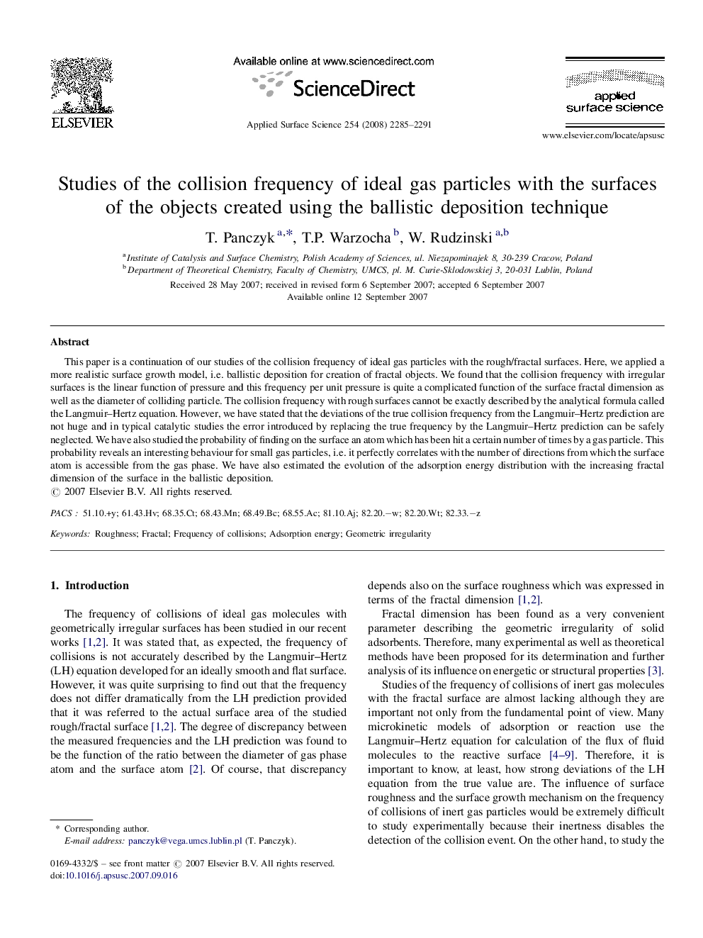 Studies of the collision frequency of ideal gas particles with the surfaces of the objects created using the ballistic deposition technique