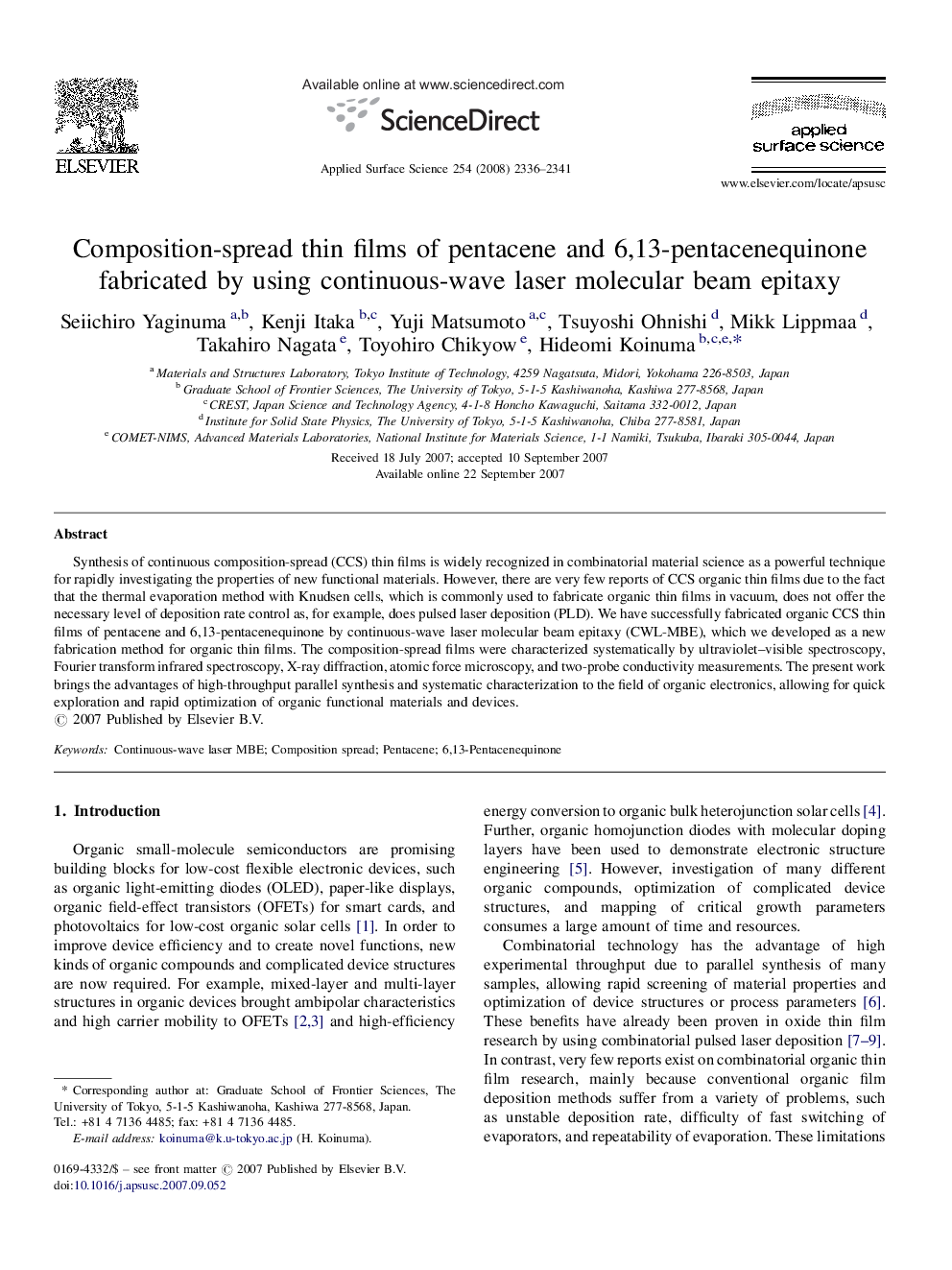 Composition-spread thin films of pentacene and 6,13-pentacenequinone fabricated by using continuous-wave laser molecular beam epitaxy