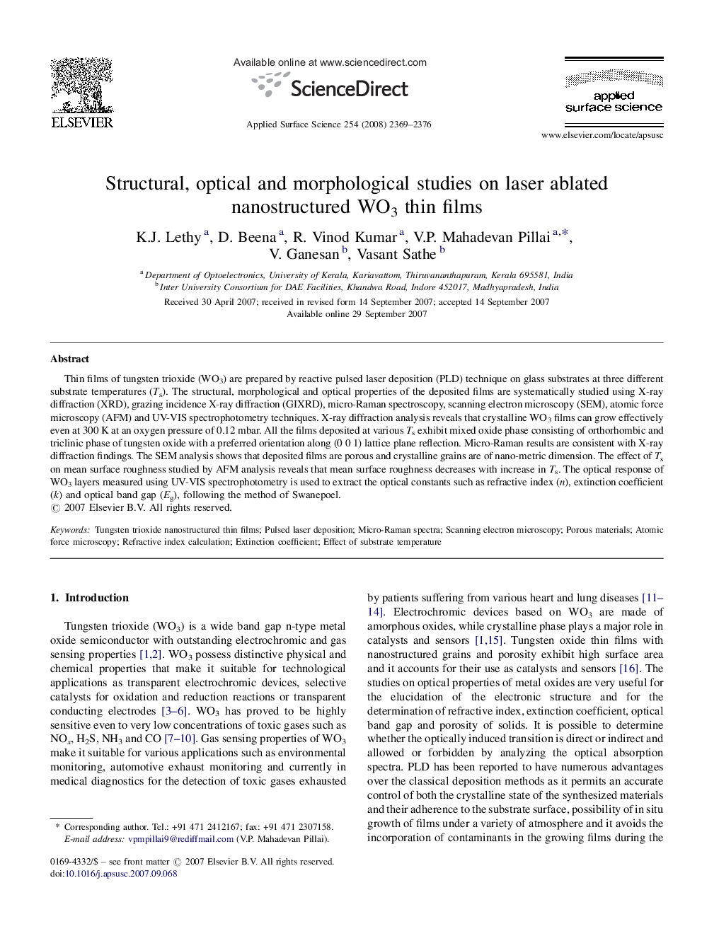 Structural, optical and morphological studies on laser ablated nanostructured WO3 thin films