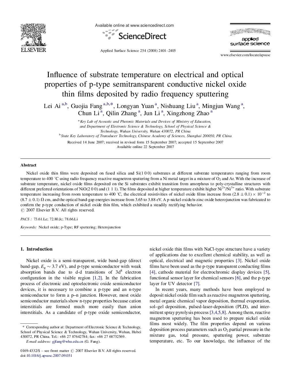 Influence of substrate temperature on electrical and optical properties of p-type semitransparent conductive nickel oxide thin films deposited by radio frequency sputtering