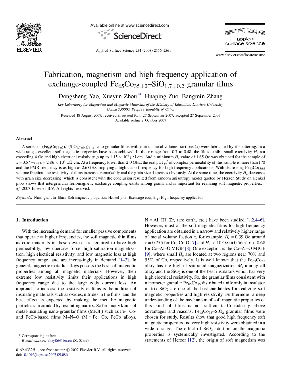 Fabrication, magnetism and high frequency application of exchange-coupled Fe65Co35Â±2-SiO1.7Â±0.2 granular films