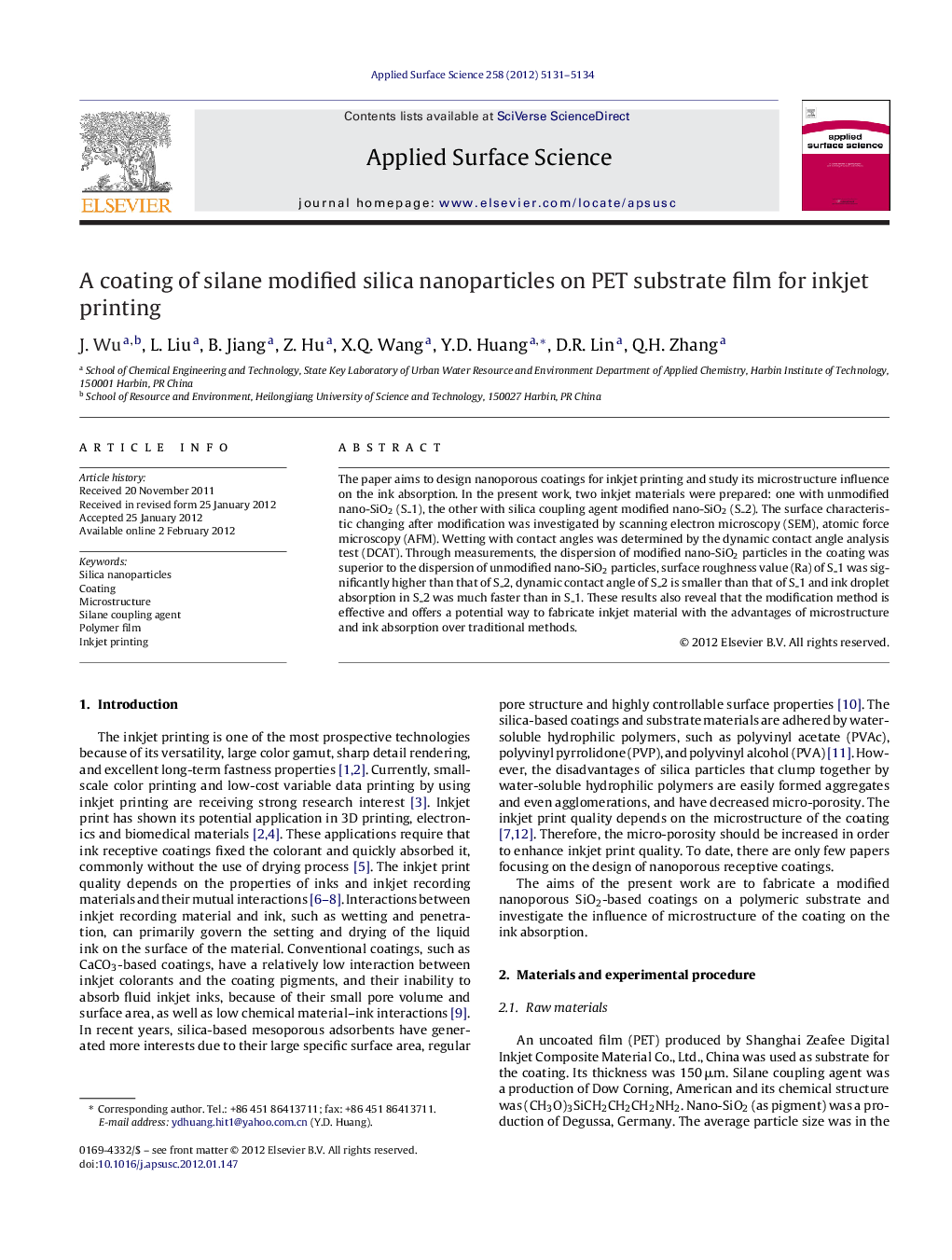 A coating of silane modified silica nanoparticles on PET substrate film for inkjet printing