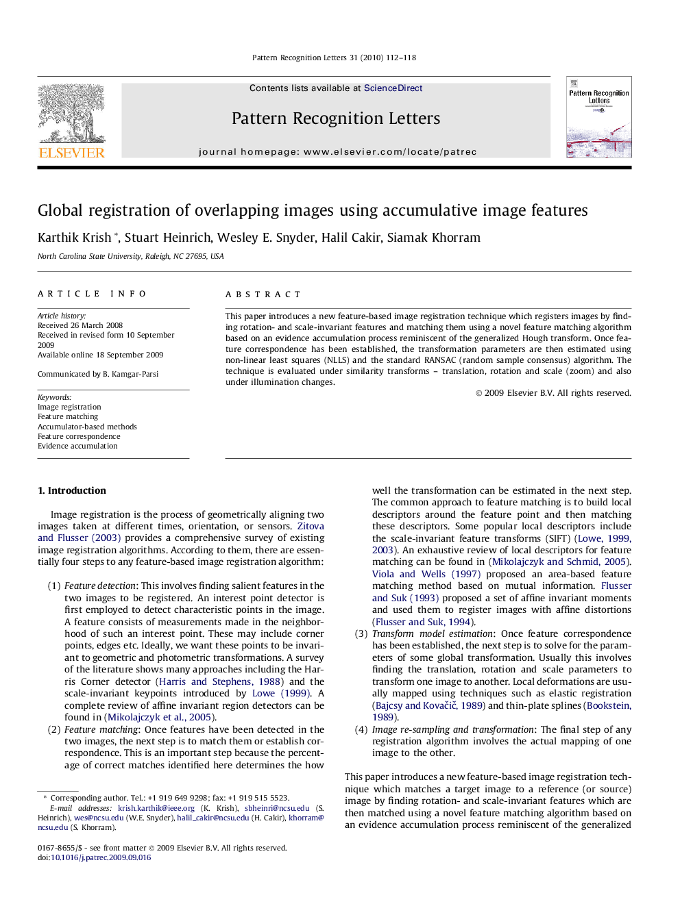 Global registration of overlapping images using accumulative image features