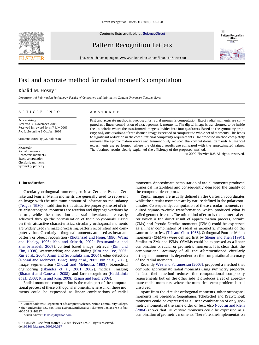 Fast and accurate method for radial moment’s computation