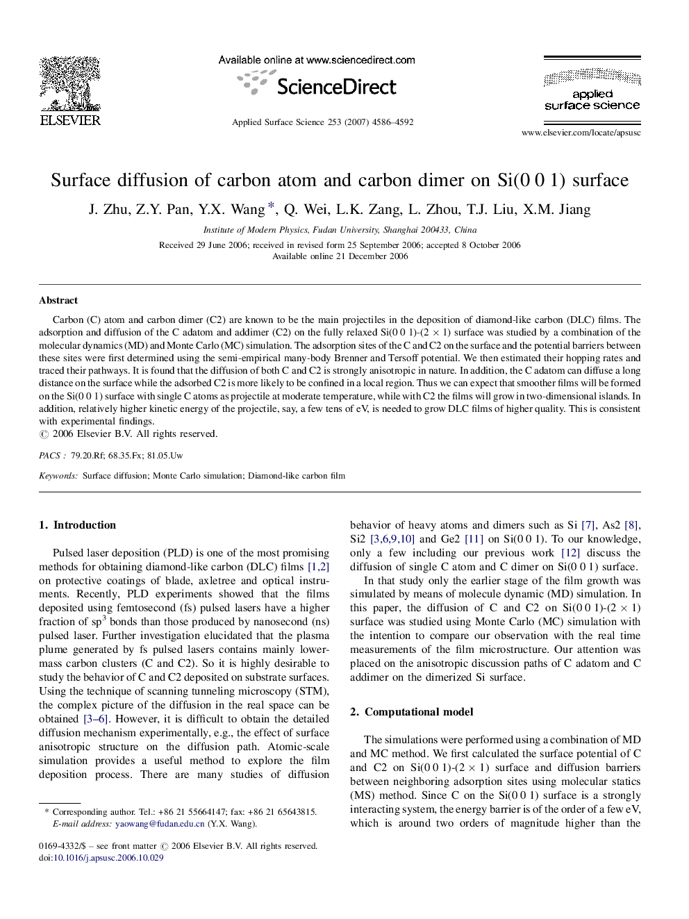 Surface diffusion of carbon atom and carbon dimer on Si(0Â 0Â 1) surface