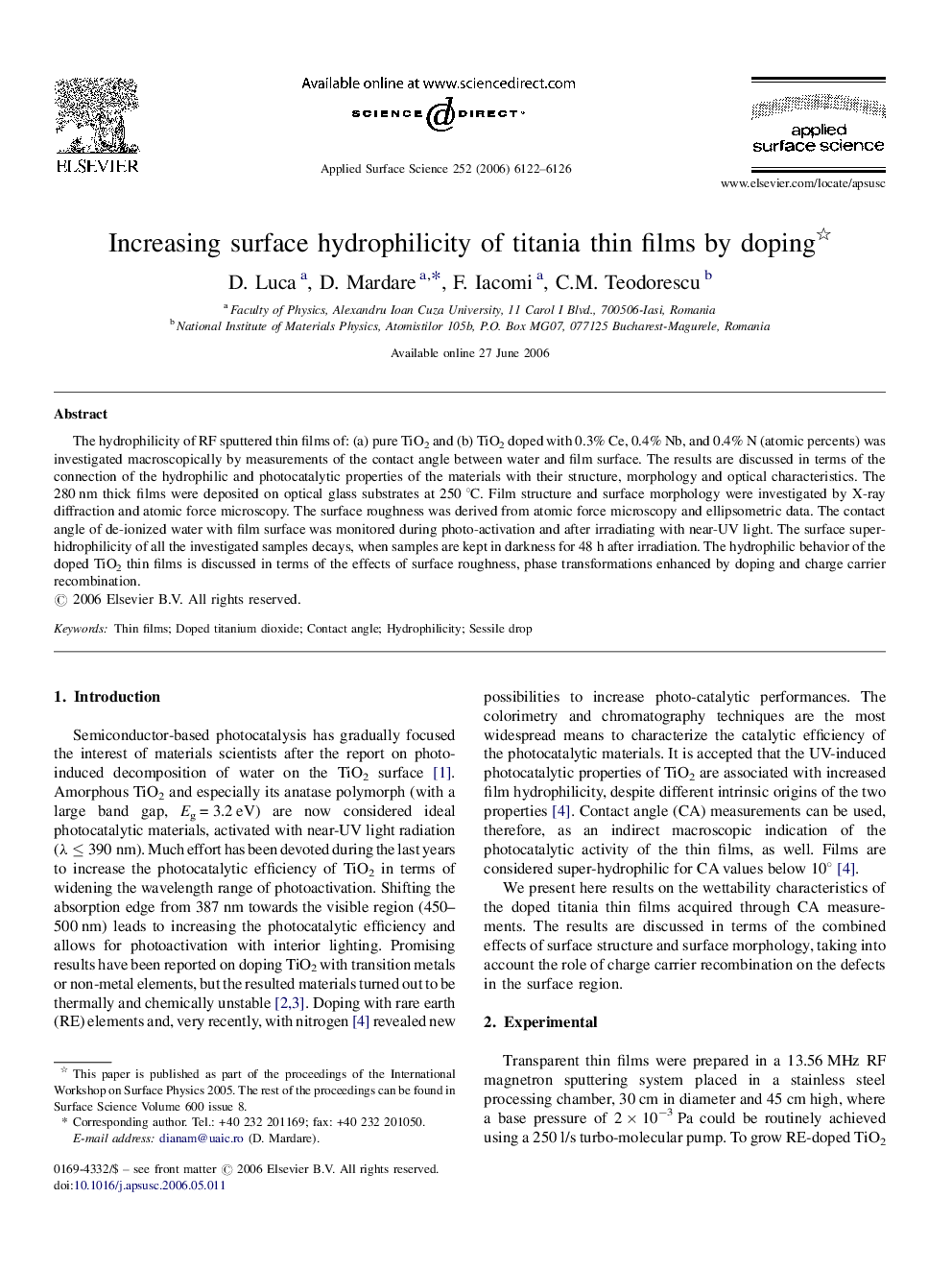 Increasing surface hydrophilicity of titania thin films by doping