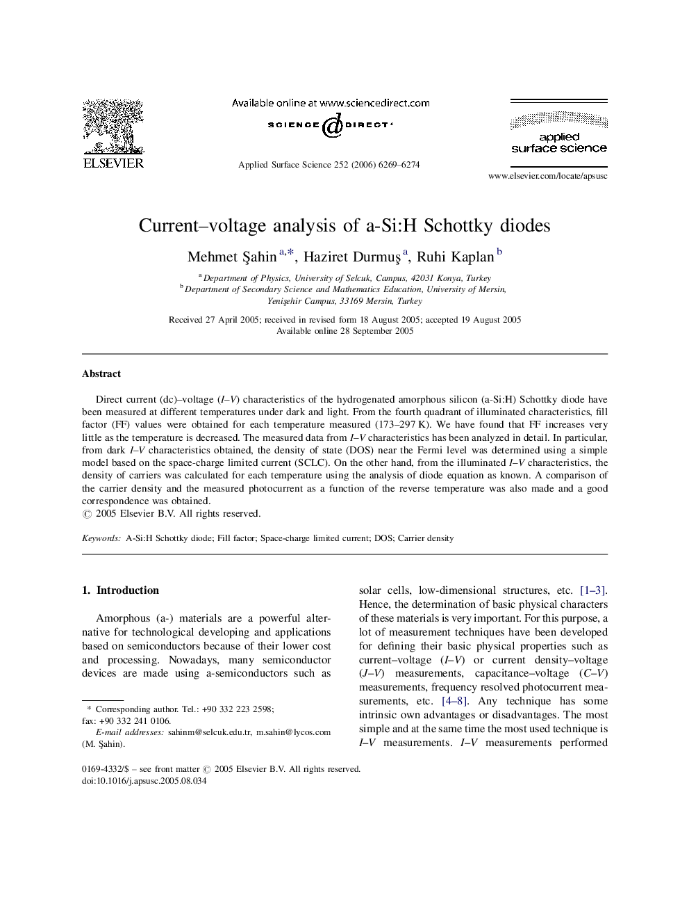 Current-voltage analysis of a-Si:H Schottky diodes