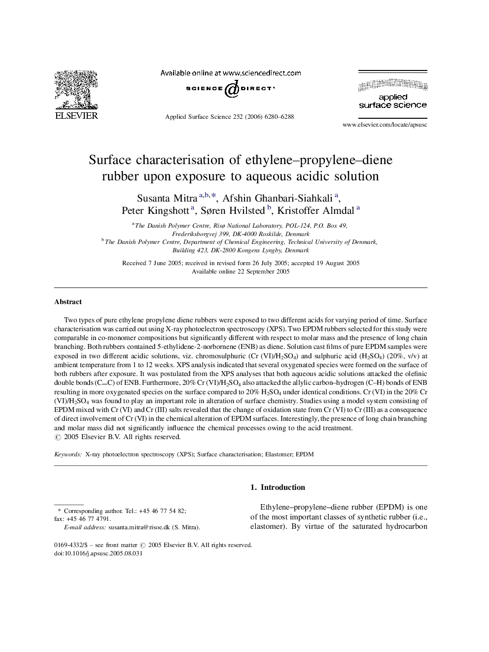 Surface characterisation of ethylene-propylene-diene rubber upon exposure to aqueous acidic solution