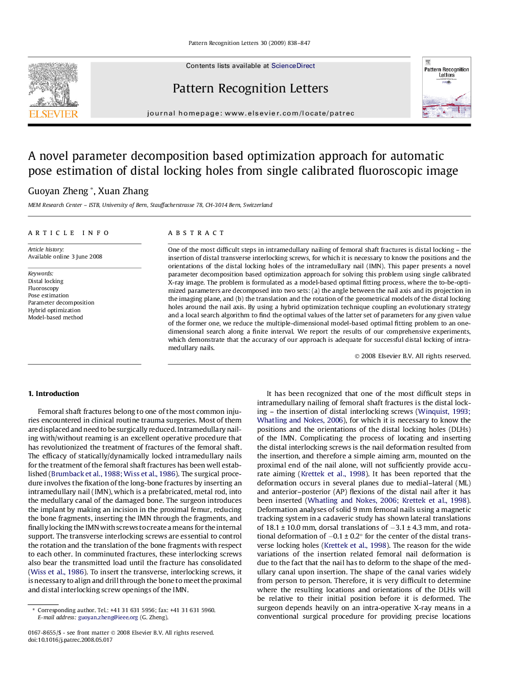 A novel parameter decomposition based optimization approach for automatic pose estimation of distal locking holes from single calibrated fluoroscopic image