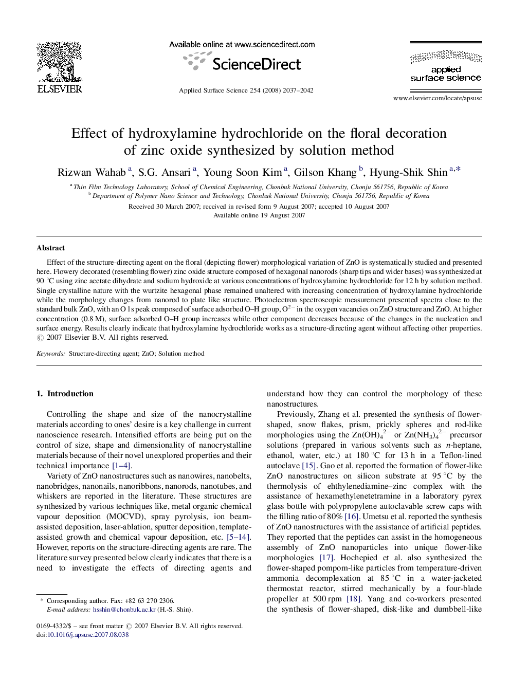 Effect of hydroxylamine hydrochloride on the floral decoration of zinc oxide synthesized by solution method