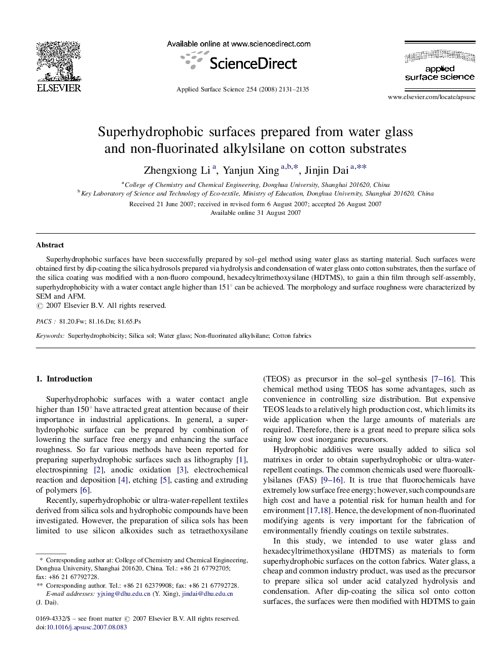 Superhydrophobic surfaces prepared from water glass and non-fluorinated alkylsilane on cotton substrates