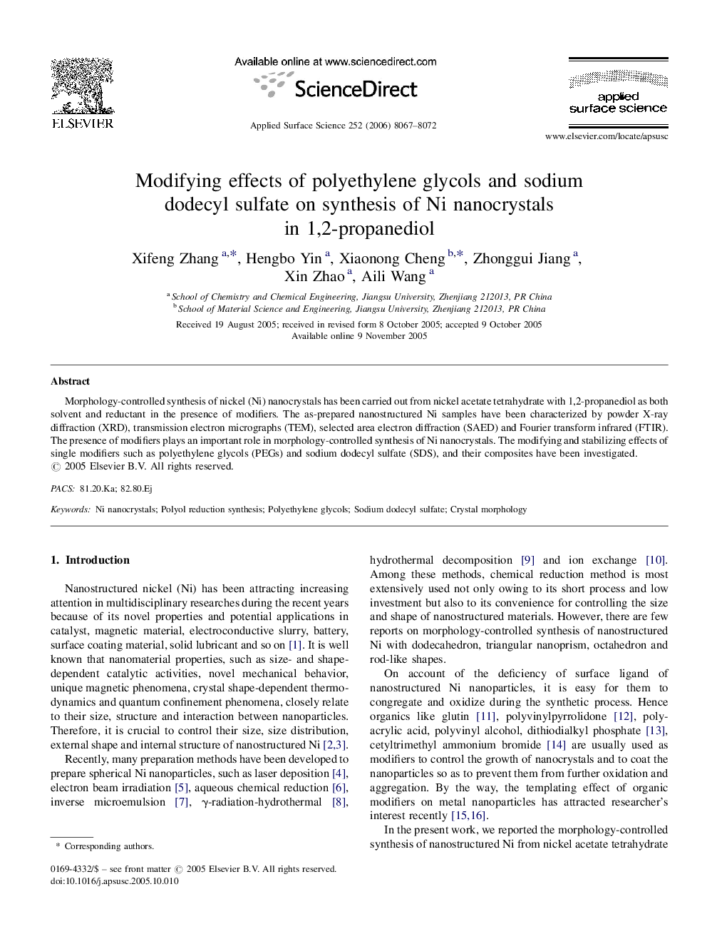 Modifying effects of polyethylene glycols and sodium dodecyl sulfate on synthesis of Ni nanocrystals in 1,2-propanediol