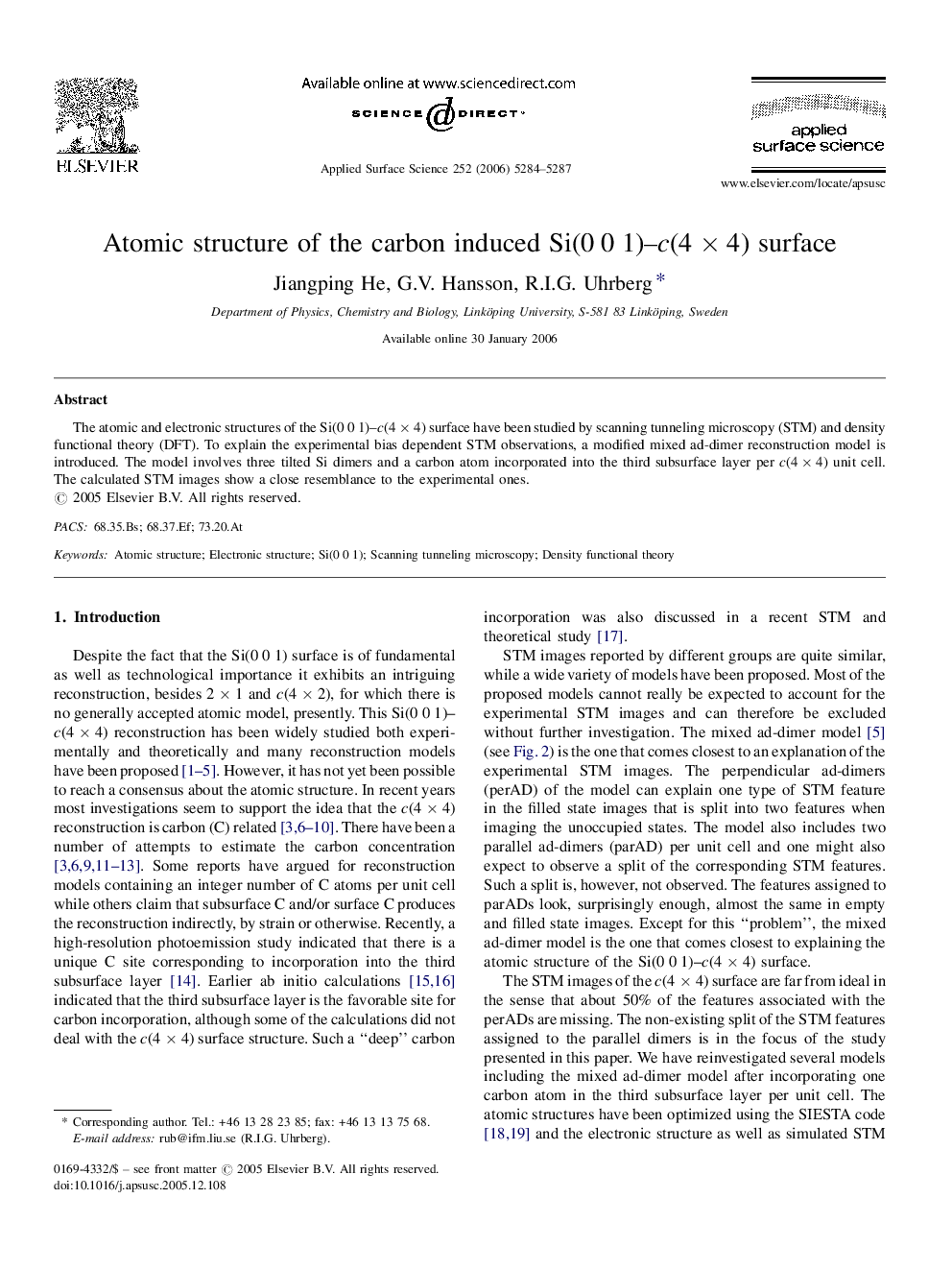 Atomic structure of the carbon induced Si(0 0 1)-c(4 Ã 4) surface