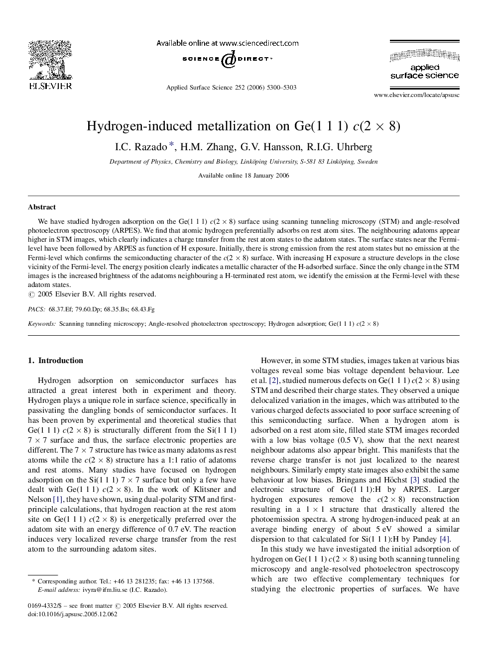 Hydrogen-induced metallization on Ge(1 1 1) c(2 Ã 8)