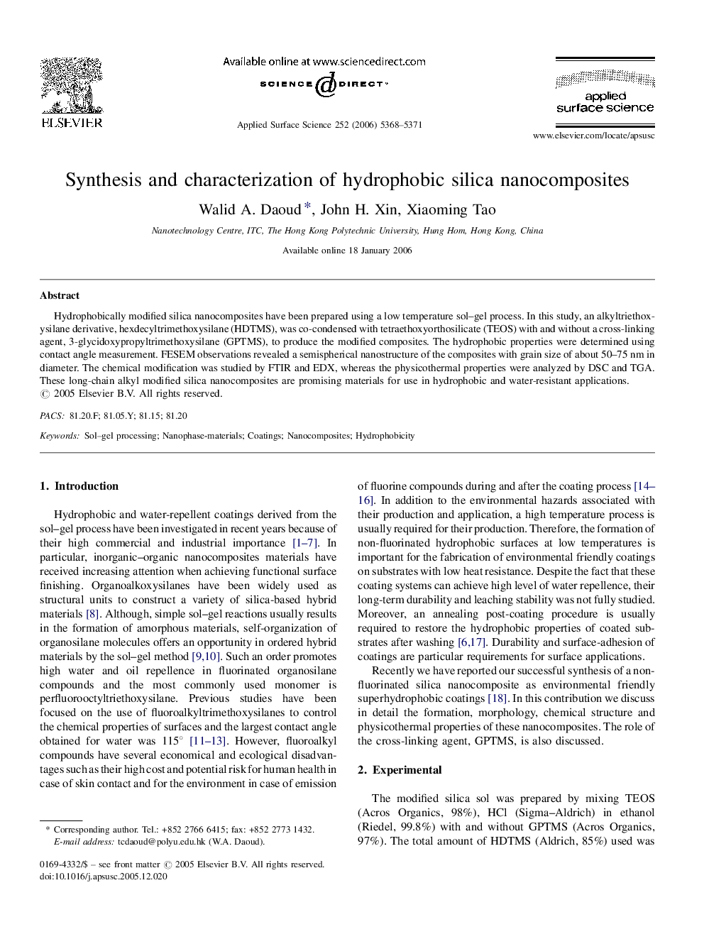 Synthesis and characterization of hydrophobic silica nanocomposites