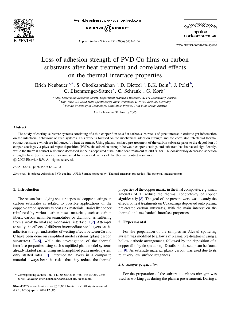 Loss of adhesion strength of PVD Cu films on carbon substrates after heat treatment and correlated effects on the thermal interface properties