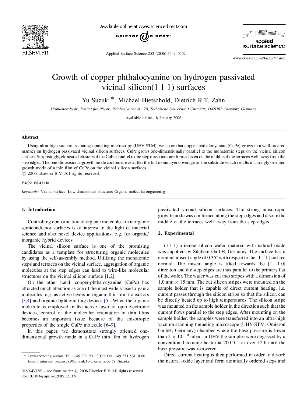 Growth of copper phthalocyanine on hydrogen passivated vicinal silicon(1 1 1) surfaces