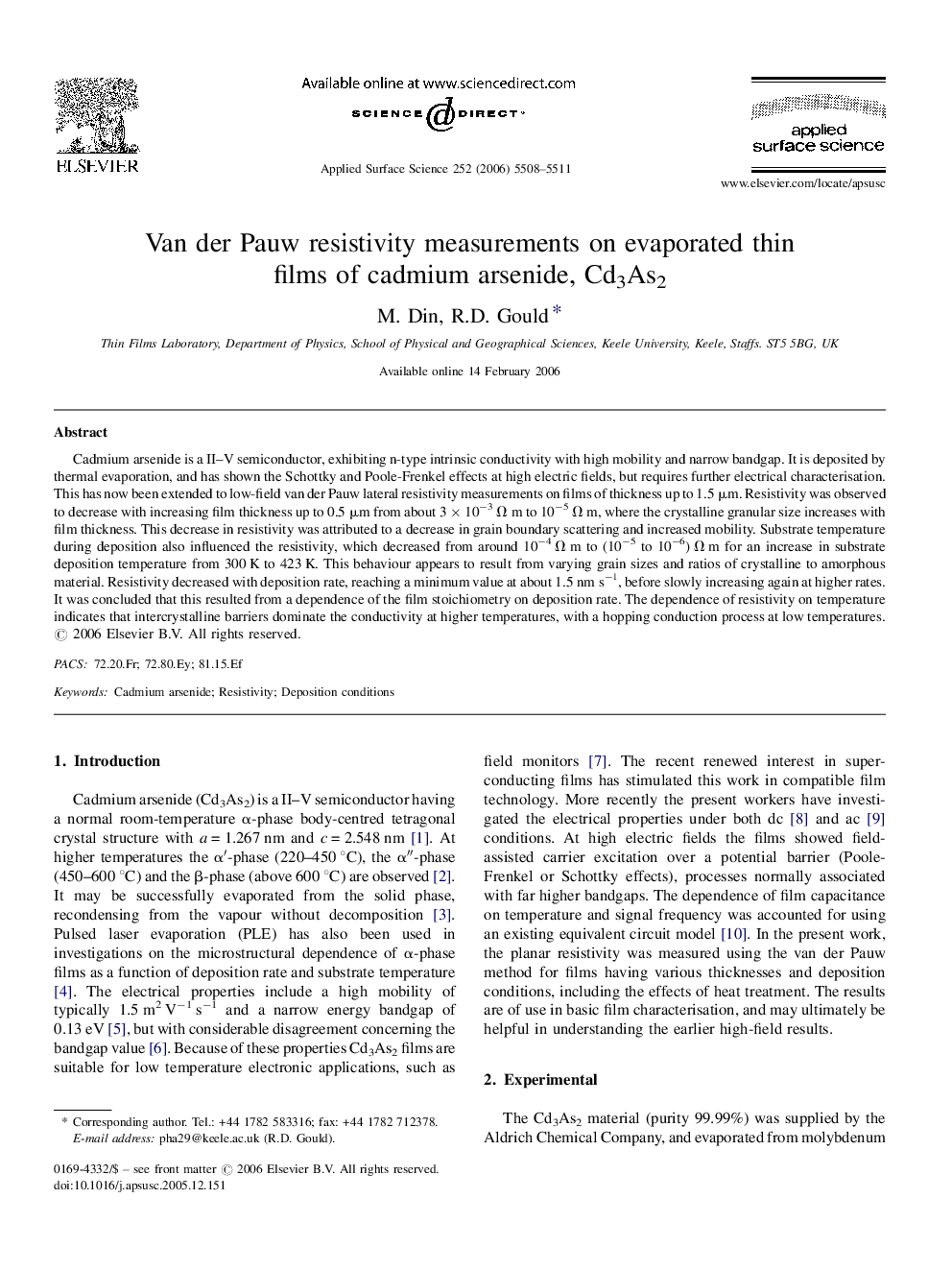 Van der Pauw resistivity measurements on evaporated thin films of cadmium arsenide, Cd3As2