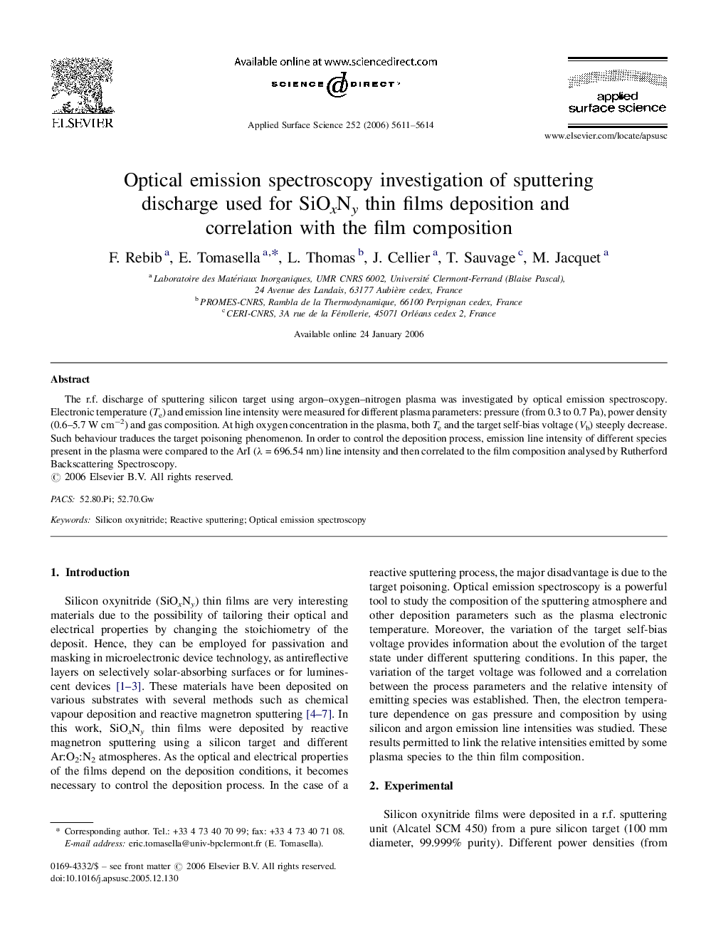 Optical emission spectroscopy investigation of sputtering discharge used for SiOxNy thin films deposition and correlation with the film composition