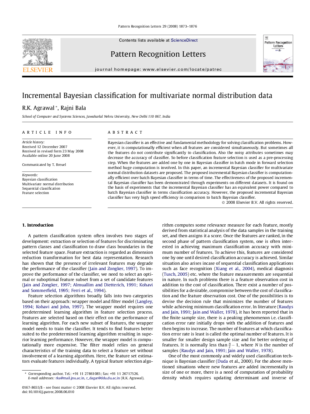 Incremental Bayesian classification for multivariate normal distribution data