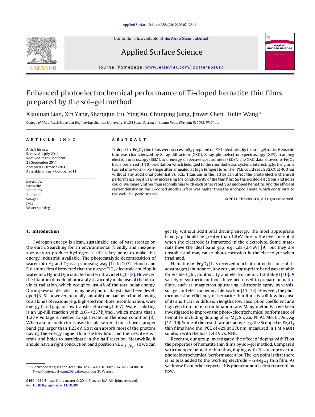 Enhanced photoelectrochemical performance of Ti-doped hematite thin films prepared by the sol-gel method