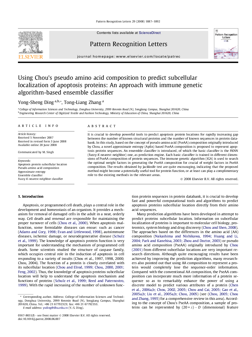 Using Chou’s pseudo amino acid composition to predict subcellular localization of apoptosis proteins: An approach with immune genetic algorithm-based ensemble classifier