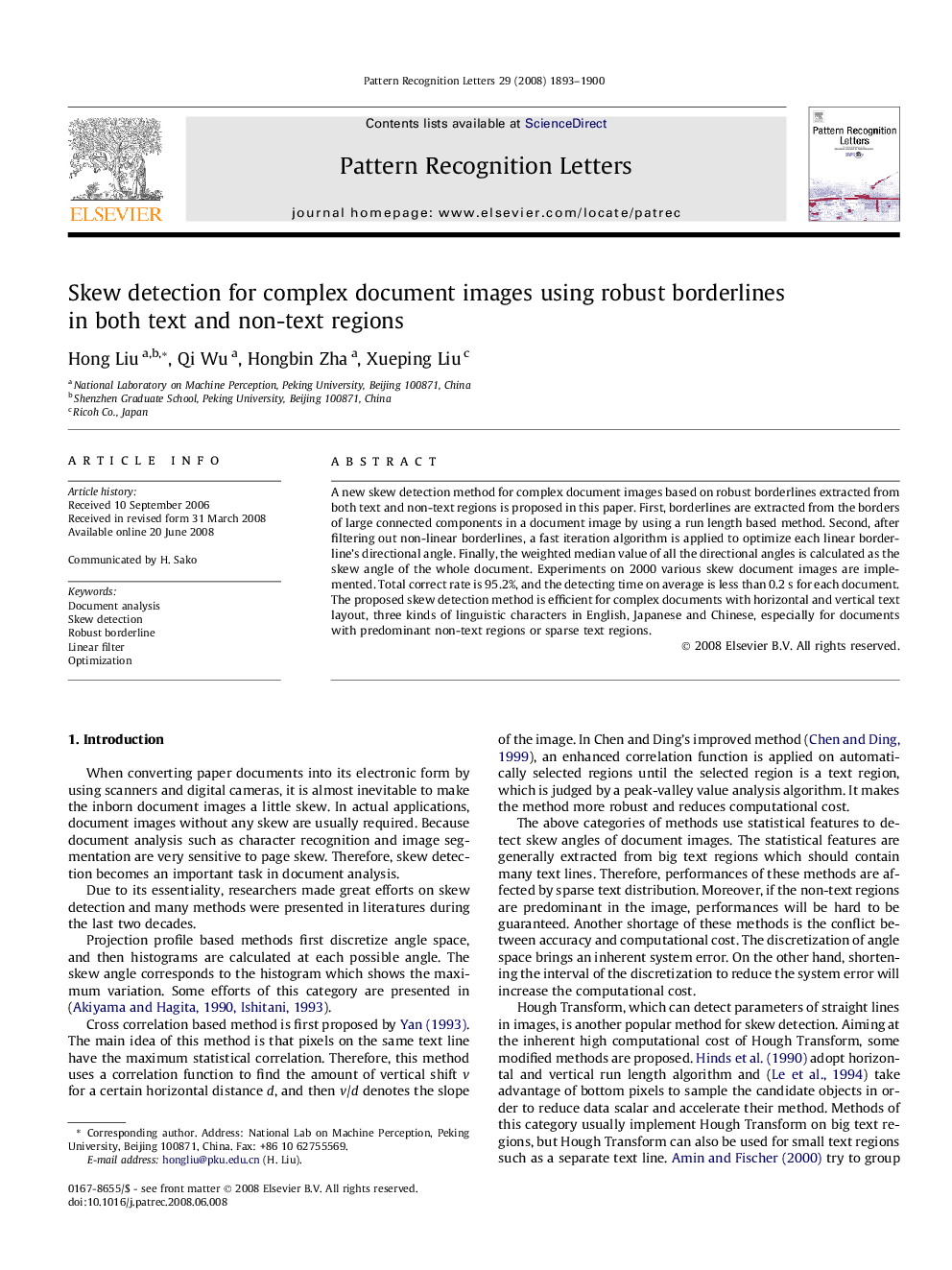 Skew detection for complex document images using robust borderlines in both text and non-text regions