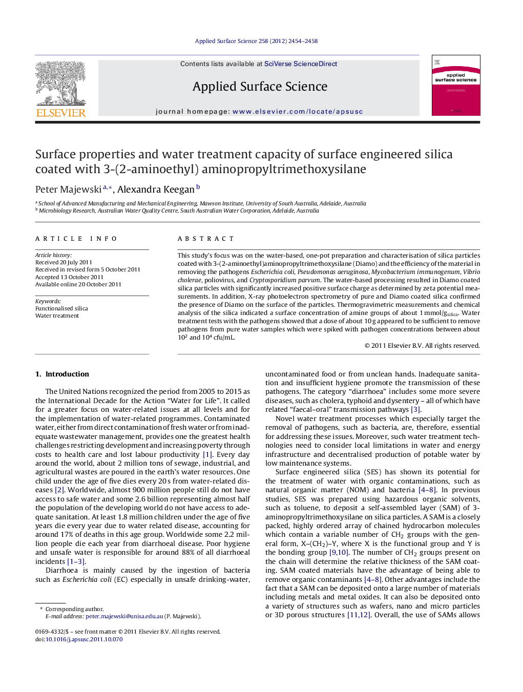 Surface properties and water treatment capacity of surface engineered silica coated with 3-(2-aminoethyl) aminopropyltrimethoxysilane