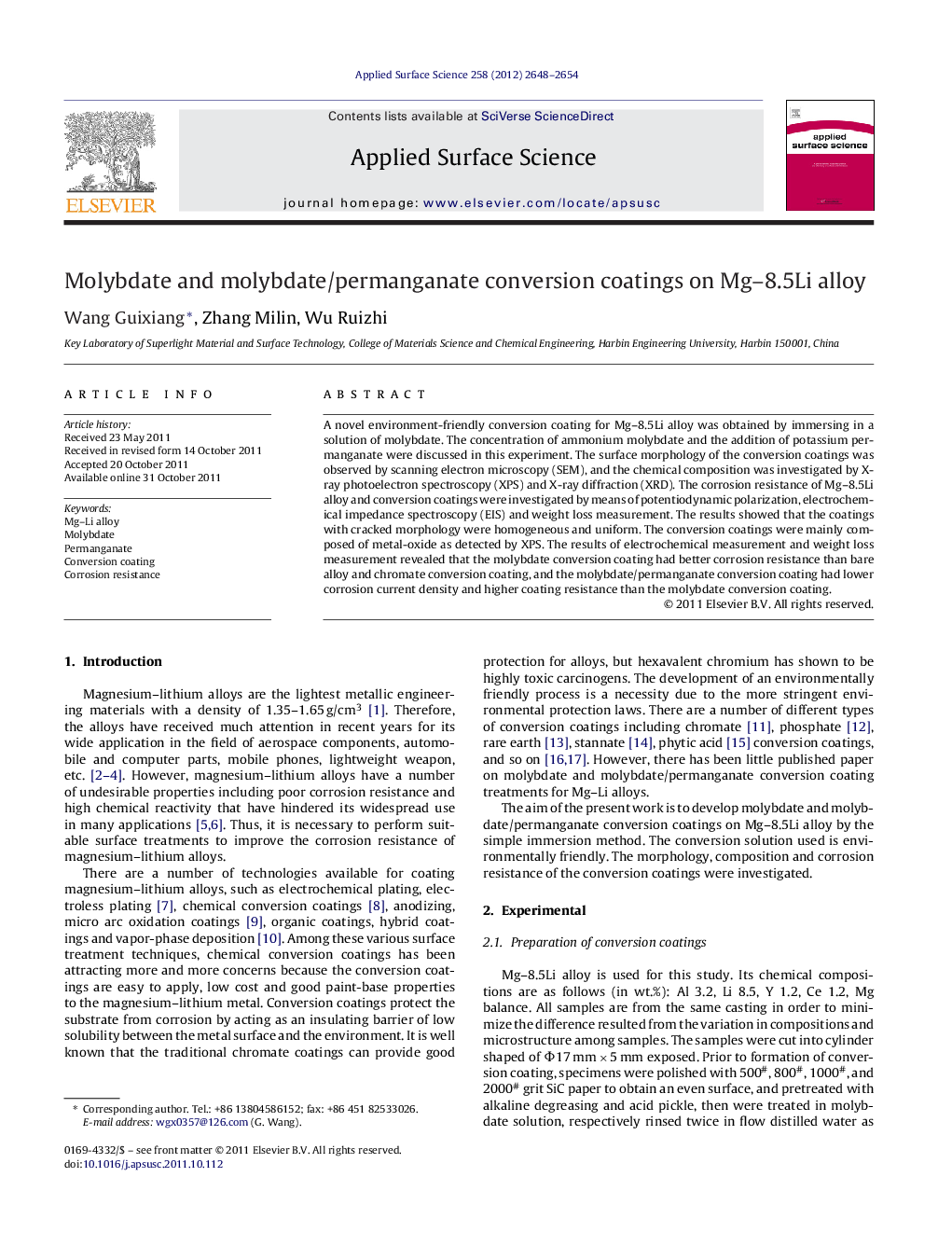 Molybdate and molybdate/permanganate conversion coatings on Mg-8.5Li alloy