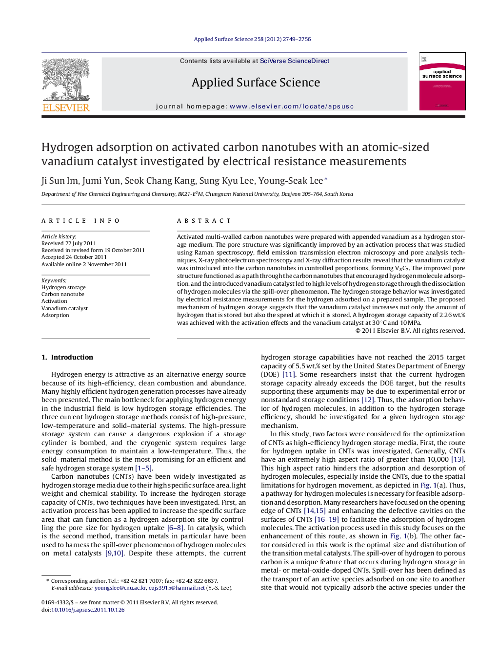 Hydrogen adsorption on activated carbon nanotubes with an atomic-sized vanadium catalyst investigated by electrical resistance measurements