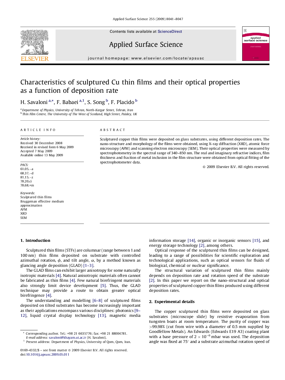 عکس صفحه اول مقاله: Characteristics of sculptured Cu thin films and their optical properties as a function of deposition rate Characteristics of sculptured Cu thin films and their optical properties as a function of deposition rate
