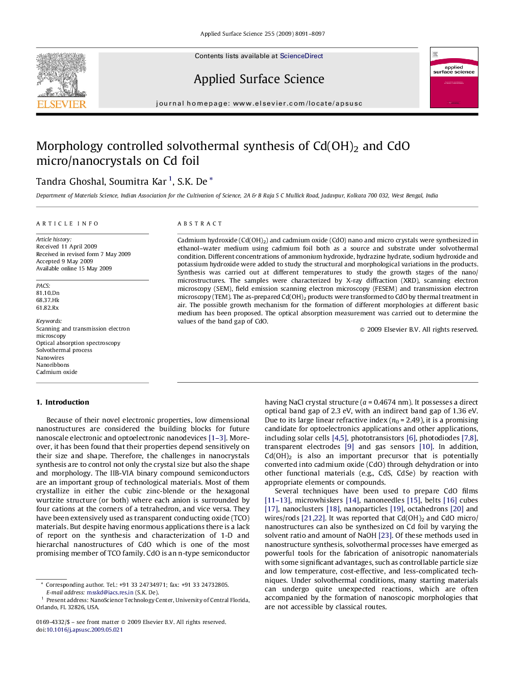 Morphology controlled solvothermal synthesis of Cd(OH)2 and CdO micro/nanocrystals on Cd foil