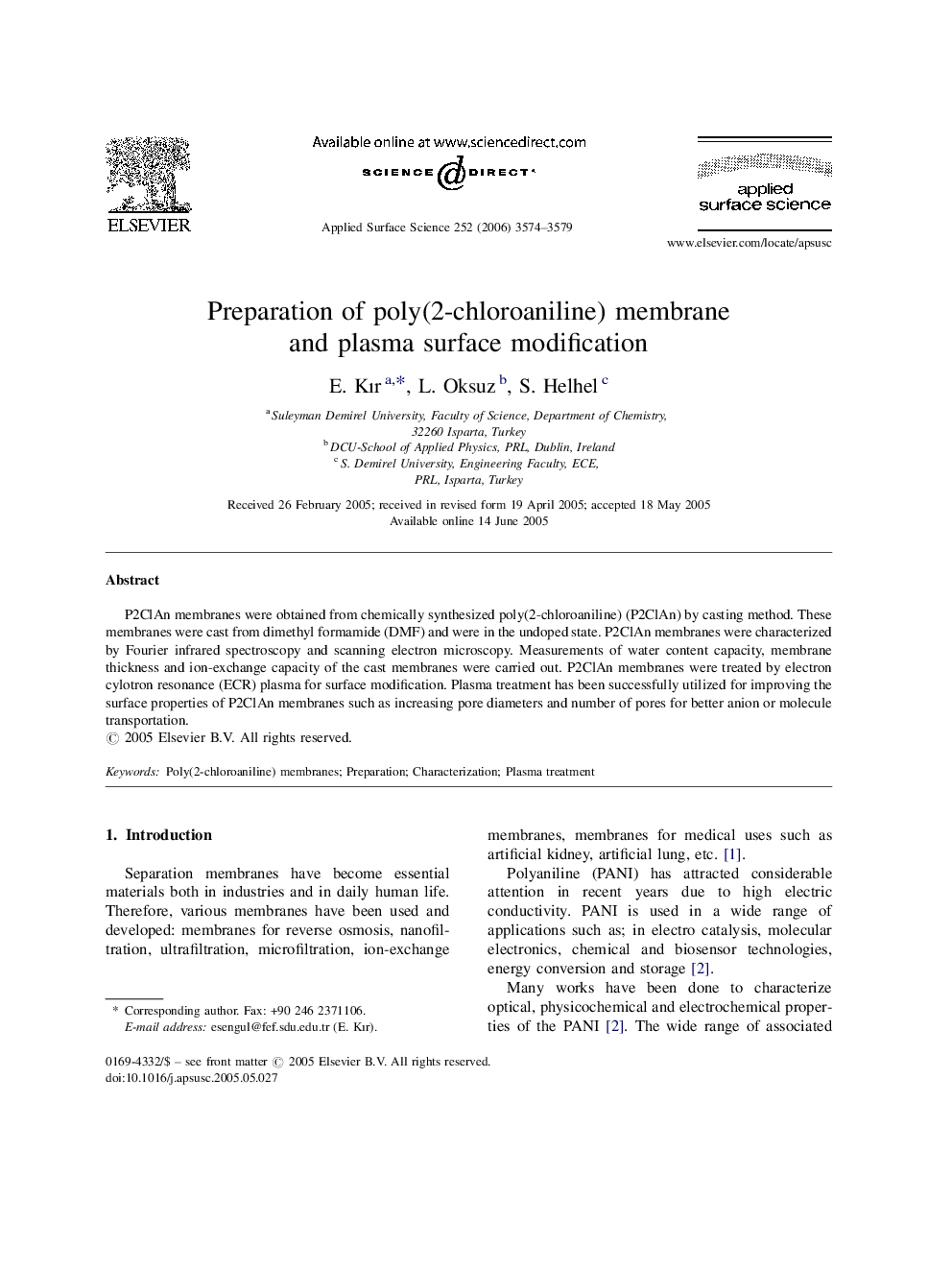Preparation of poly(2-chloroaniline) membrane and plasma surface modification