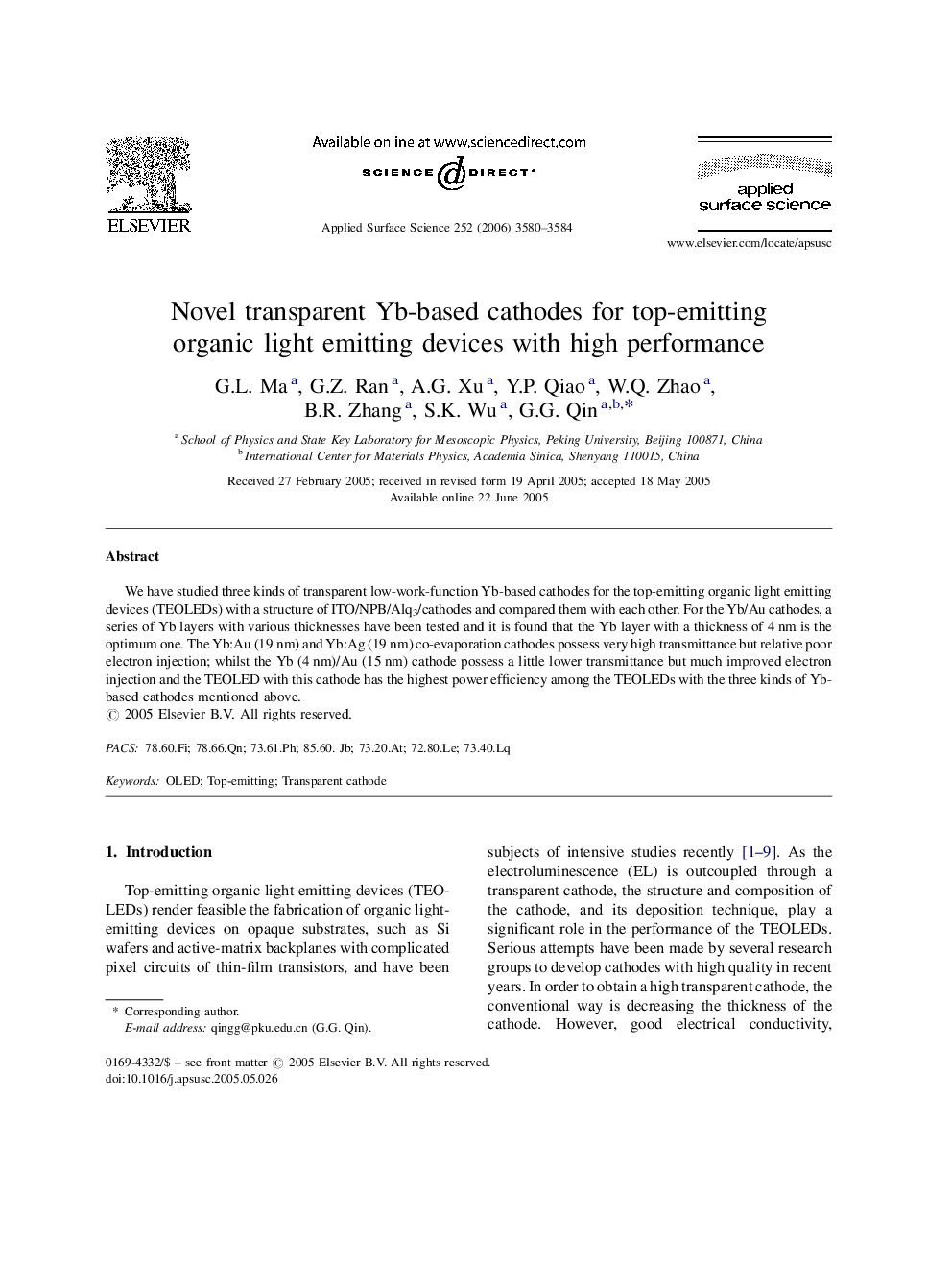 Novel transparent Yb-based cathodes for top-emitting organic light emitting devices with high performance