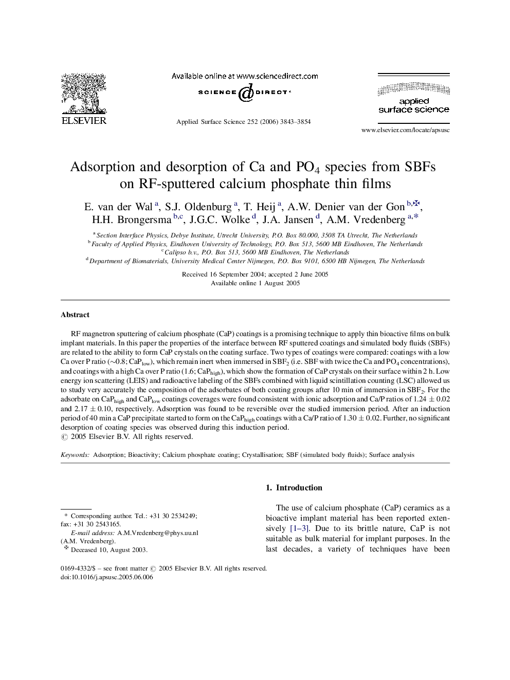 Adsorption and desorption of Ca and PO4 species from SBFs on RF-sputtered calcium phosphate thin films