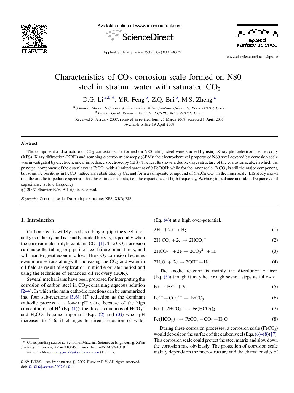 Characteristics of CO2 corrosion scale formed on N80 steel in stratum water with saturated CO2