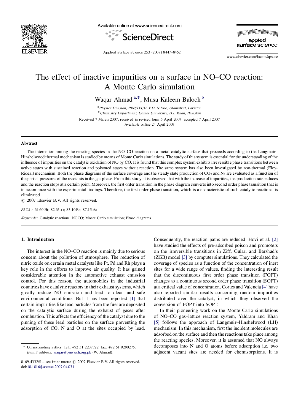 The effect of inactive impurities on a surface in NO-CO reaction: A Monte Carlo simulation