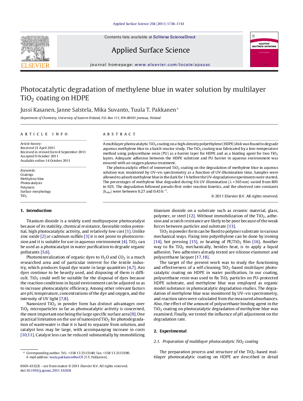 Photocatalytic degradation of methylene blue in water solution by multilayer TiO2 coating on HDPE