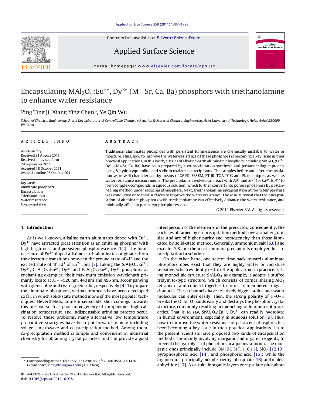 Encapsulating MAl2O4:Eu2+, Dy3+ (M = Sr, Ca, Ba) phosphors with triethanolamine to enhance water resistance