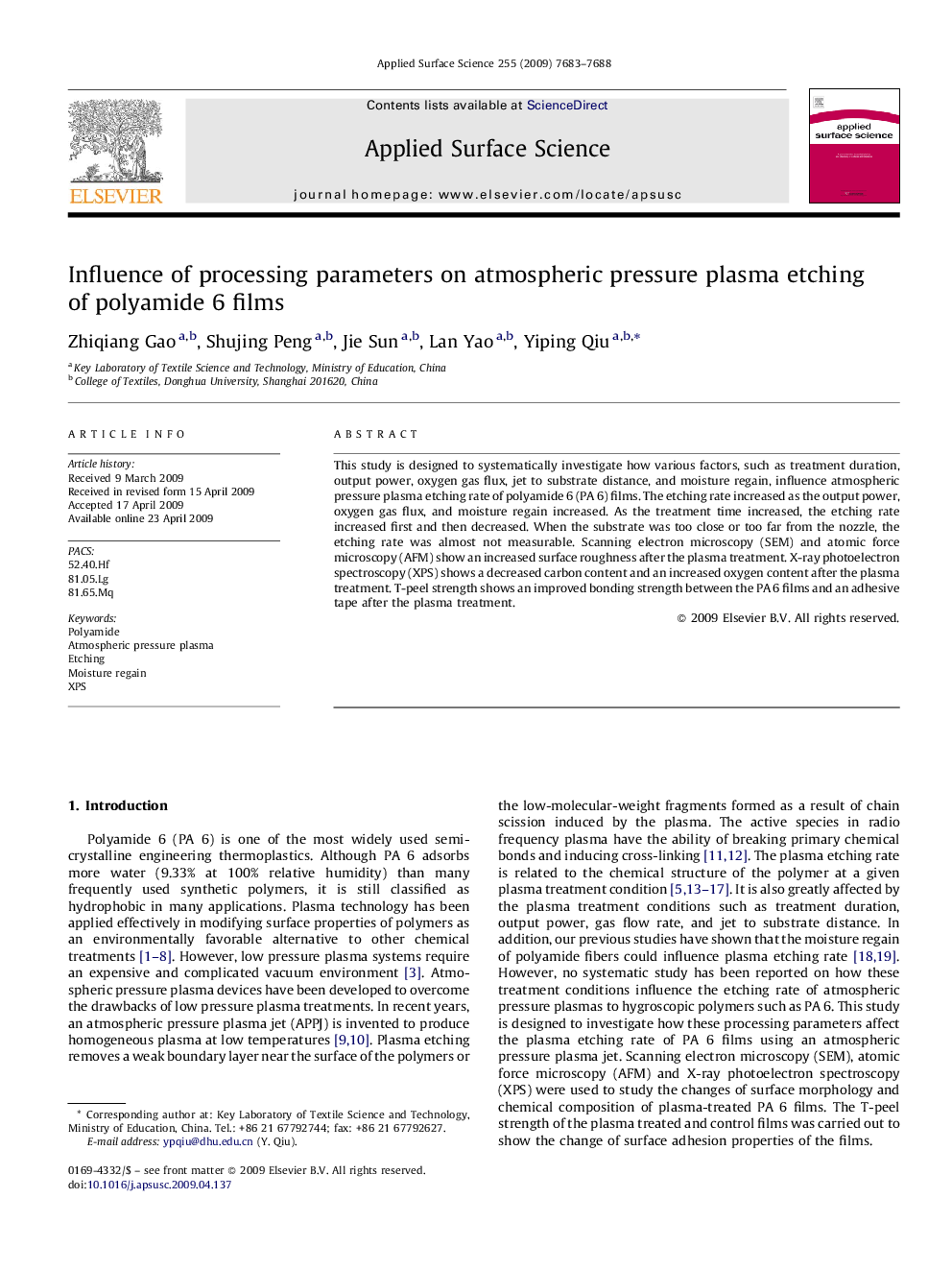 Influence of processing parameters on atmospheric pressure plasma etching of polyamide 6 films