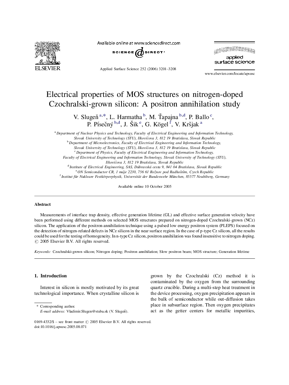 Electrical properties of MOS structures on nitrogen-doped Czochralski-grown silicon: A positron annihilation study