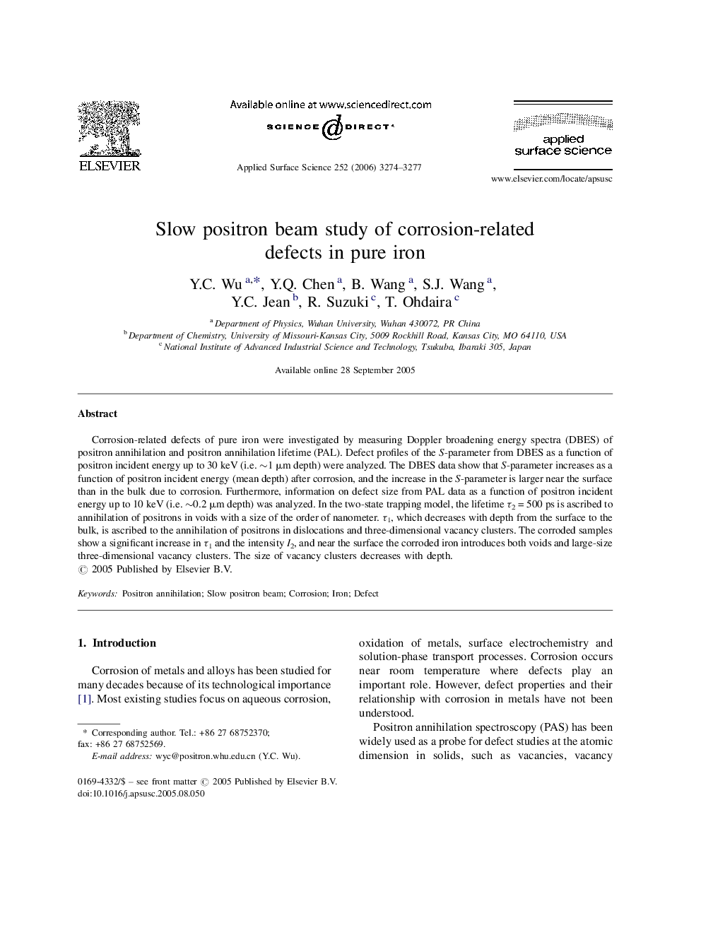 Slow positron beam study of corrosion-related defects in pure iron