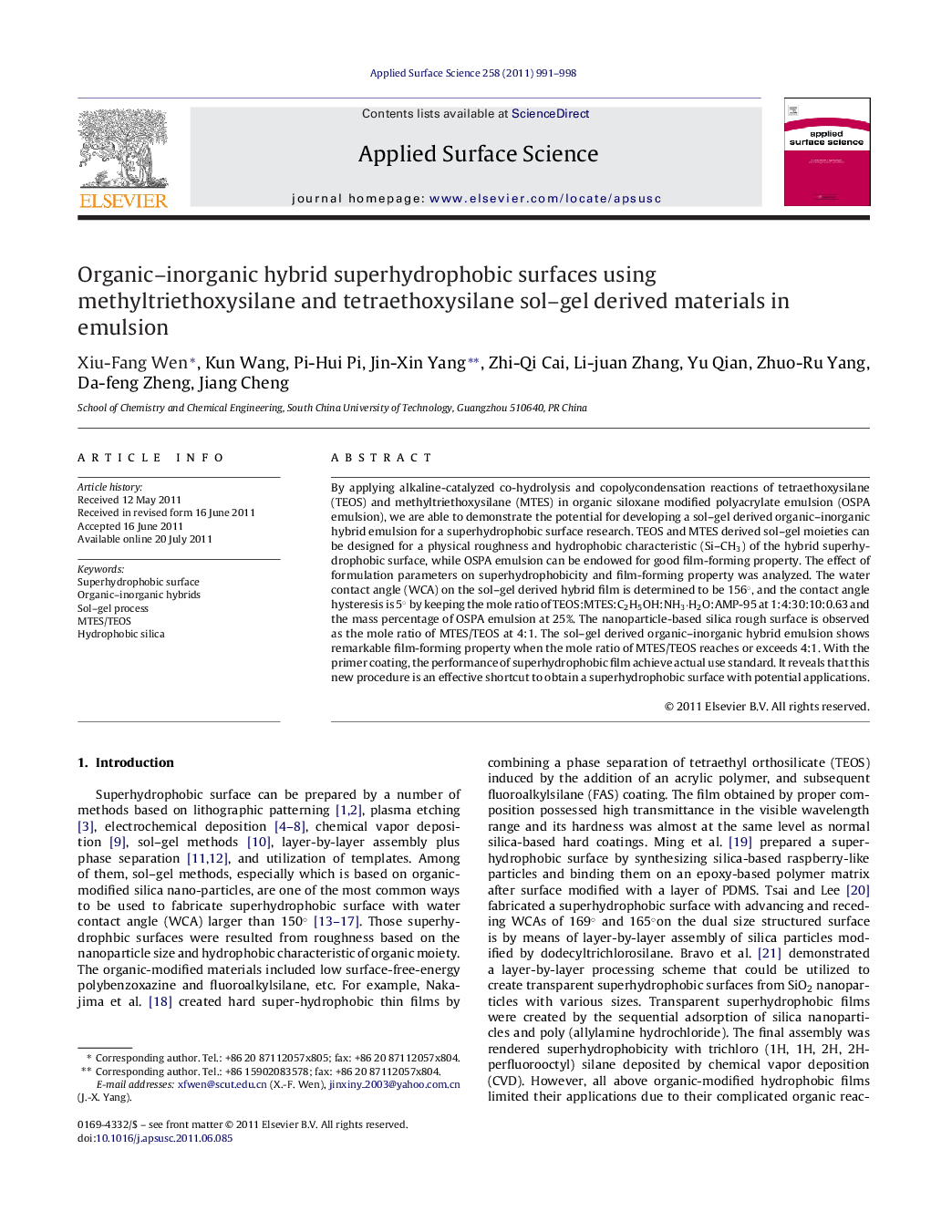 Organic-inorganic hybrid superhydrophobic surfaces using methyltriethoxysilane and tetraethoxysilane sol-gel derived materials in emulsion