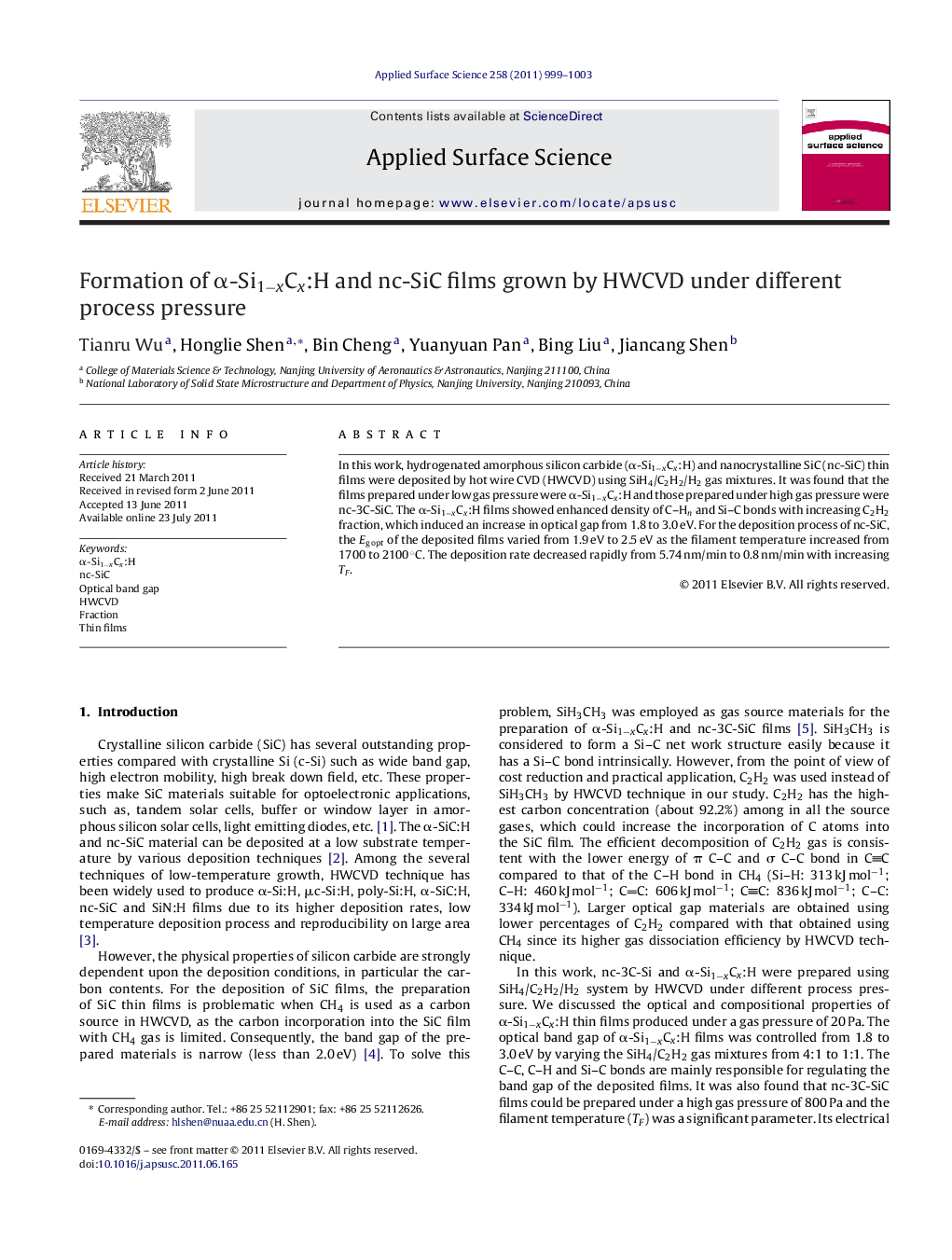 Formation of Î±-Si1âxCx:H and nc-SiC films grown by HWCVD under different process pressure