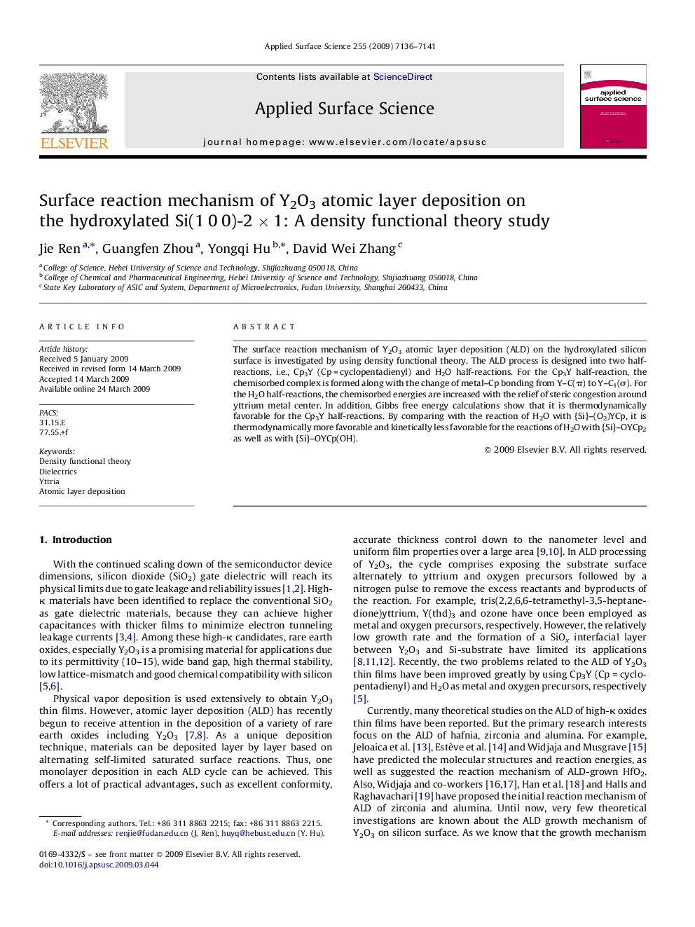 Surface reaction mechanism of Y2O3 atomic layer deposition on the hydroxylated Si(1 0 0)-2 Ã 1: A density functional theory study