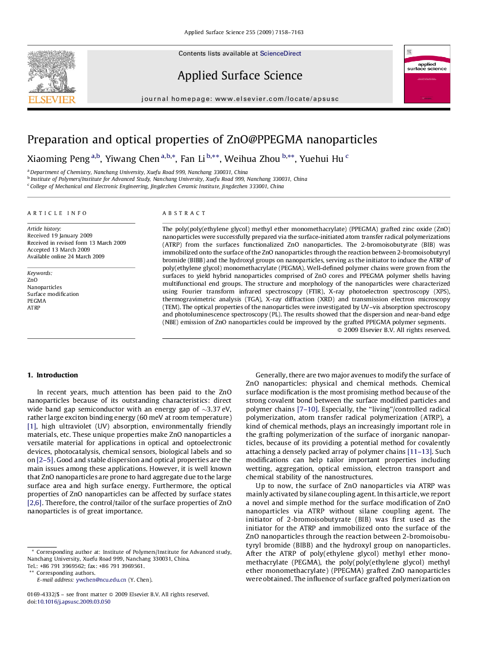 Preparation and optical properties of ZnO@PPEGMA nanoparticles