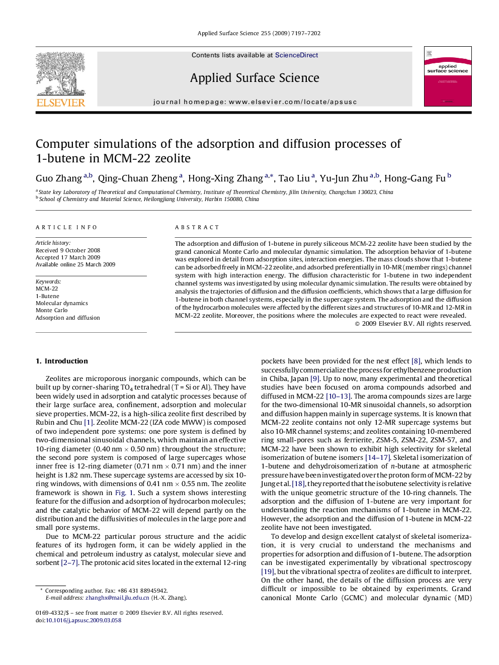 Computer simulations of the adsorption and diffusion processes of 1-butene in MCM-22 zeolite