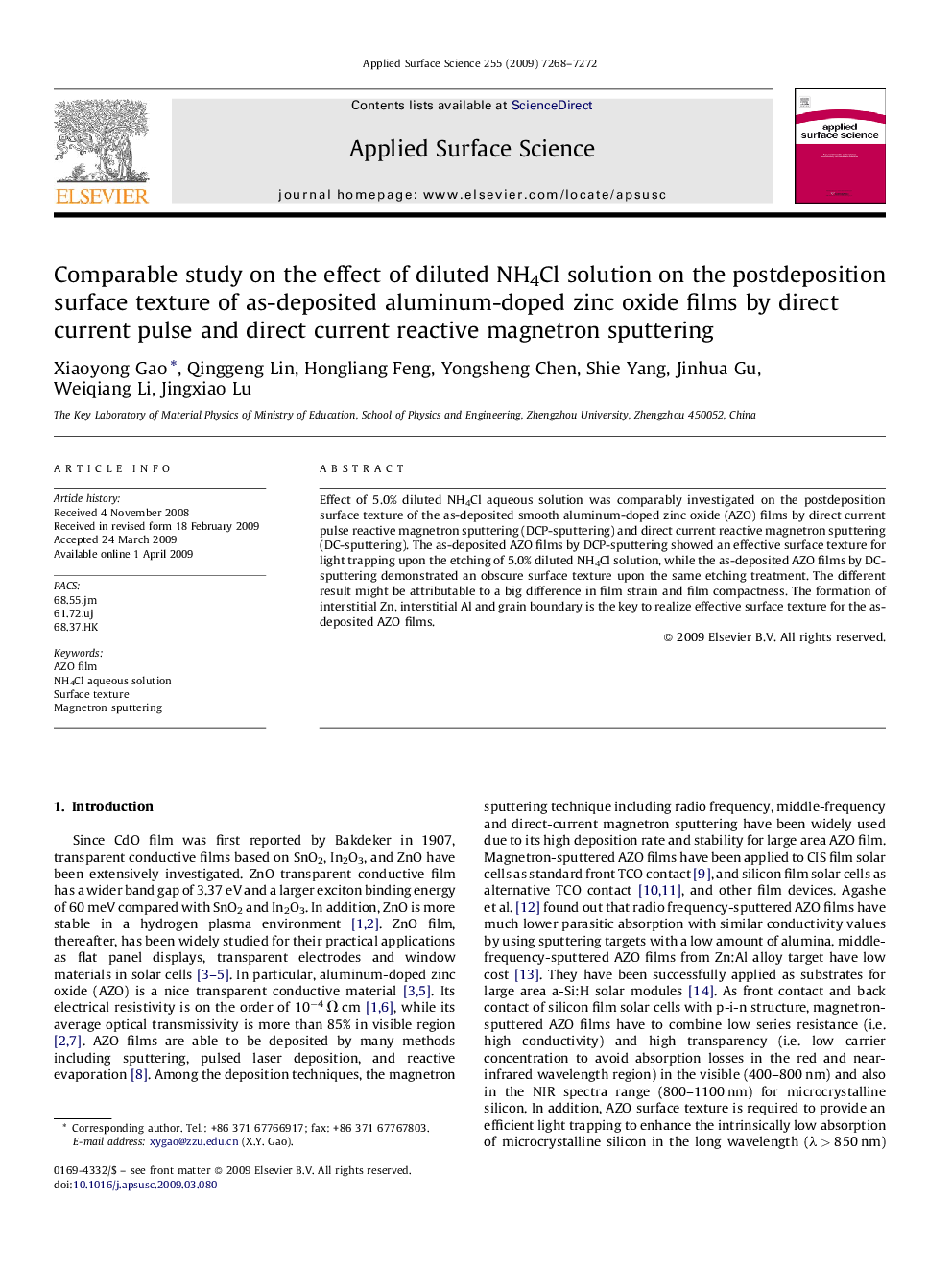 Comparable study on the effect of diluted NH4Cl solution on the postdeposition surface texture of as-deposited aluminum-doped zinc oxide films by direct current pulse and direct current reactive magnetron sputtering