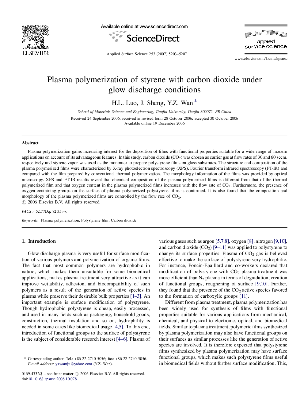 Plasma polymerization of styrene with carbon dioxide under glow discharge conditions